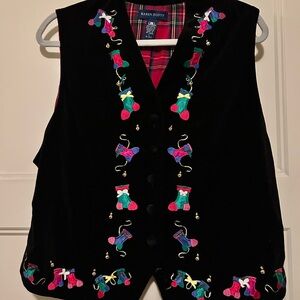 Karen Scott Black Velvet Vest with Festive Christmas Embroidery sz L